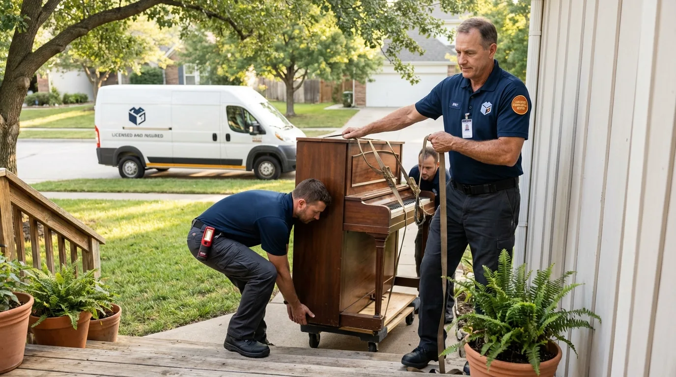 Licensed piano movers securing grand piano in Jackson, NJ