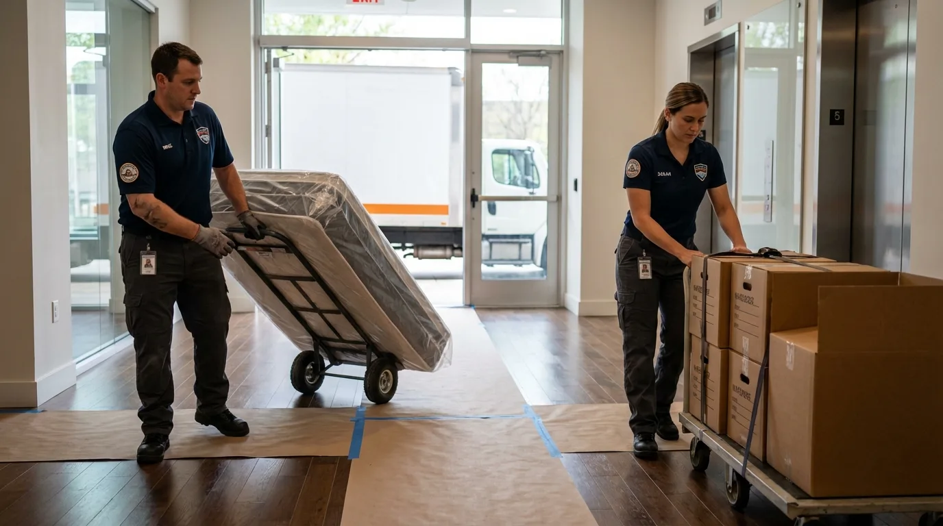 Professional apartment movers loading elevator in Jackson, NJ